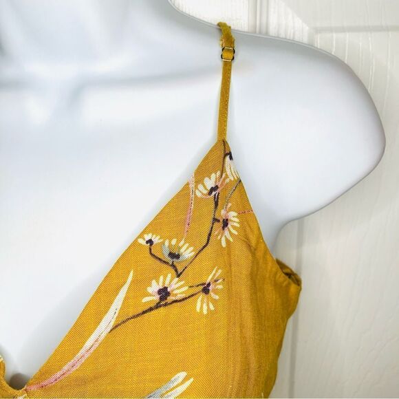 One Clothing Los Angeles Button Front Smocked Floral Midi Dress Mustard Yellow S - Picture 10 of 11